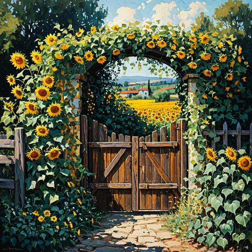 Rustic Wooden Gate with Sunflowers and Ivy Rustic Wooden Gate with Sunflowers and Ivy