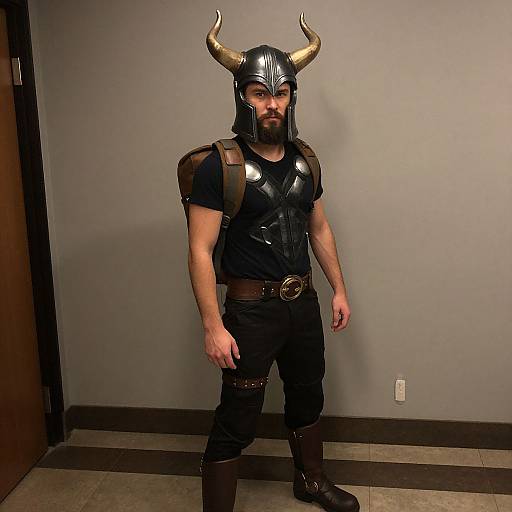 Photograph of a bearded man in black medieval armor with horned helmet, standing in a plain room, wearing black pants and brown boots.