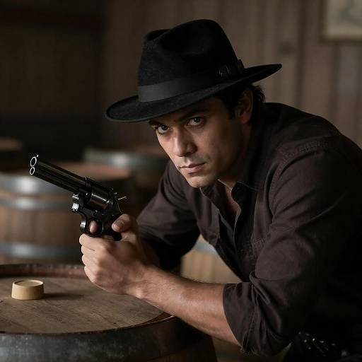 Mysterious Man with Revolver in Shadows