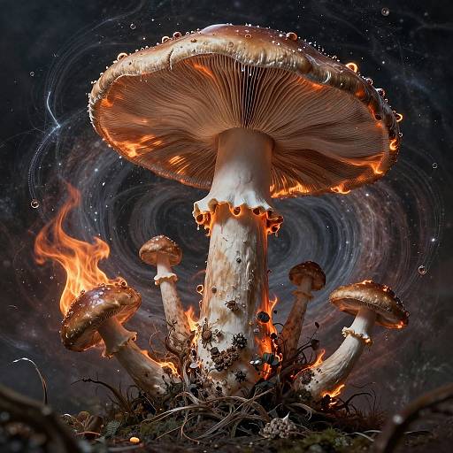 Photograph of glowing orange mushrooms with fiery edges, surrounded by water droplets and a swirling, dark cosmic background.