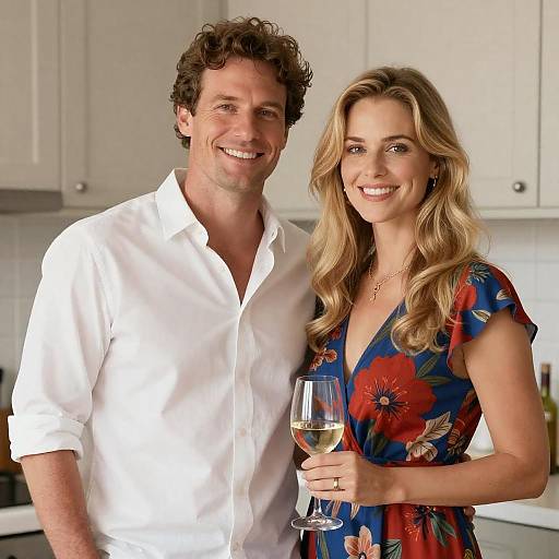 Photograph of smiling, curly-haired man in white shirt and blonde woman in floral dress holding wine glass, standing in bright kitchen.
