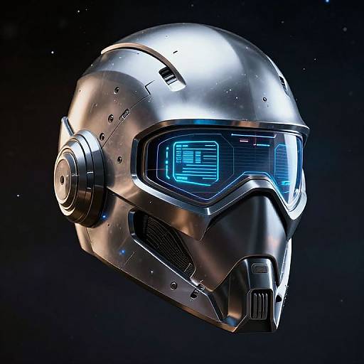 Digital artwork of a futuristic, metallic silver space helmet with blue, glowing visor and intricate details, set against a starry black background.