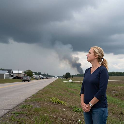 Photograph of a blonde woman in a navy shirt and jeans, standing on a roadside, looking at a stormy sky with dark clouds. Road and