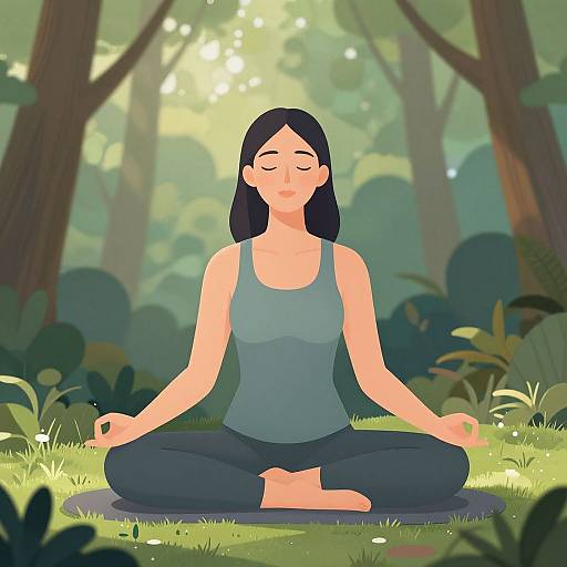 Digital illustration of an Asian woman with black hair, closed eyes, and a calm expression, sitting in a forest, meditating in a blue tank top