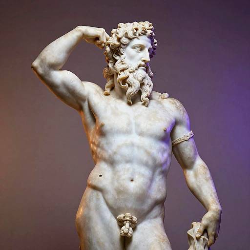 Photograph of a classical marble statue of a bearded, muscular male figure with curly hair, raising his right arm, wearing an arm band, and