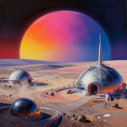 Digital art of a futuristic, barren planet with three metallic domed buildings, a large colorful sunset, and a small dome with rings.