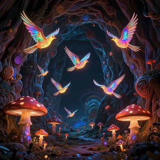 Psychedelic Mythical Birds in Mushroom Cave