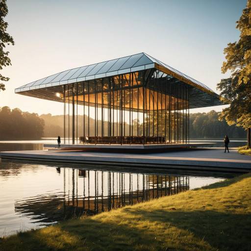 Futuristic Glass Pavilion by the Lake at Golden Hour