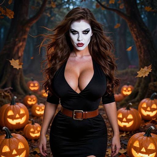 Photograph of a white-faced, dark-haired woman with large breasts in a black, deep-neck dress, standing in a forest at night surrounded by glowing