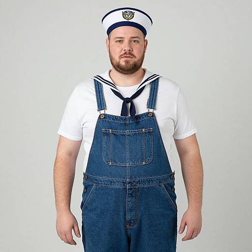 Photograph of a bearded white man with light skin wearing a white sailor hat, white shirt, and blue denim overalls against a plain white background