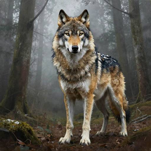 Photorealistic digital artwork of a majestic wolf with striking yellow eyes, standing in a misty, dense forest with tall trees.
