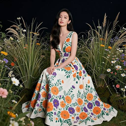 Photograph of an Asian woman with long black hair, wearing a white floral dress with orange, purple, and green flowers, seated in a dark night