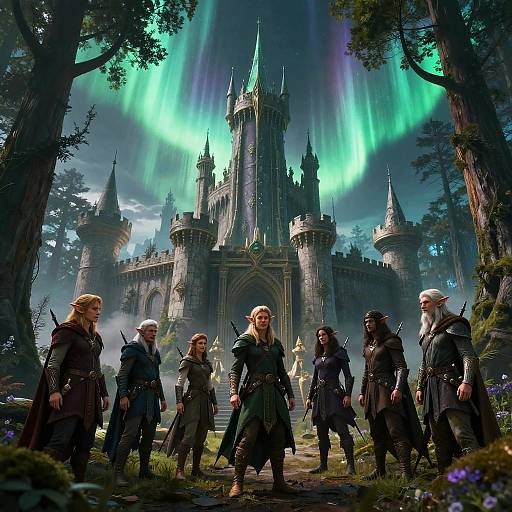 Elves in Enchanted Neon Boreal Forest