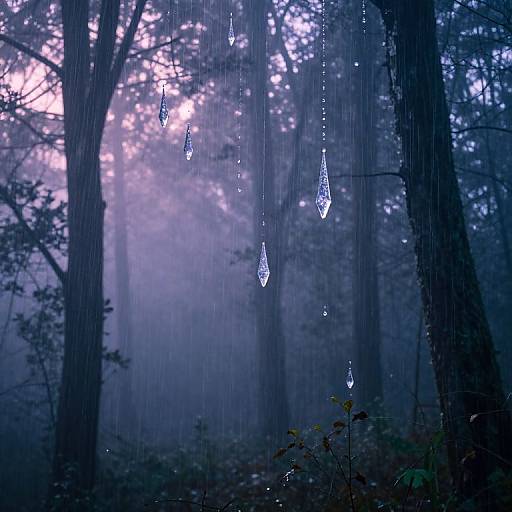 Photograph of a mystical forest at twilight, with ethereal, glowing icicles hanging from tree branches, surrounded by dense, misty blue and purple