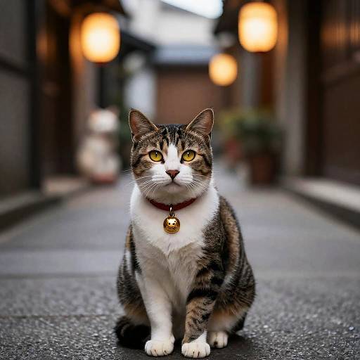 Tabby Cat with Bell Collar in Lantern-Lit Alley