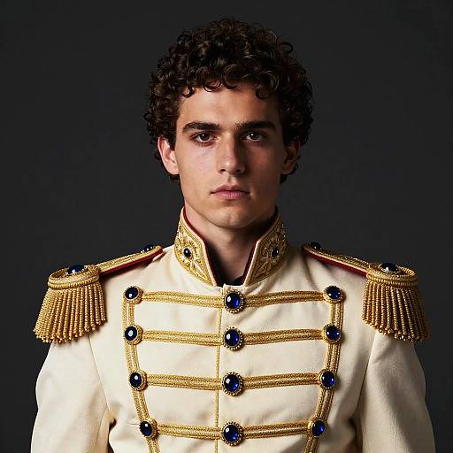 Photograph of a young man with curly brown hair wearing a white military-style uniform with gold epaulettes and blue gemstones, against a dark