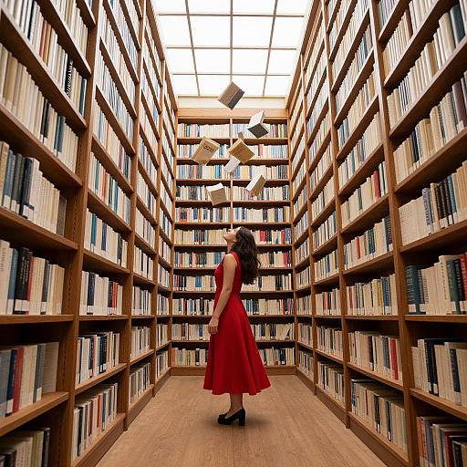 Photograph of a woman in a red dress and black heels, standing in a narrow, wooden library aisle with tall shelves of books, some books falling