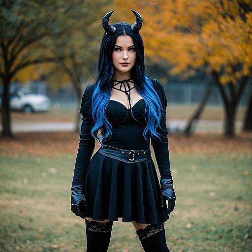 Woman in Black Horned Halloween Costume