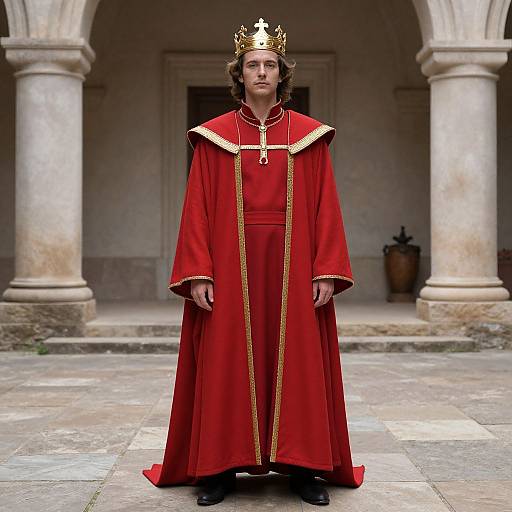 Photograph of a young man with long brown hair, wearing a golden crown, red regal robe with gold trim, standing in a stone courtyard with