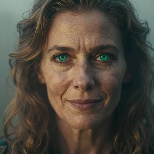 Photograph of a mature woman with wavy brown hair, green eyes, and wrinkled skin, smiling softly against a blurred gray background.