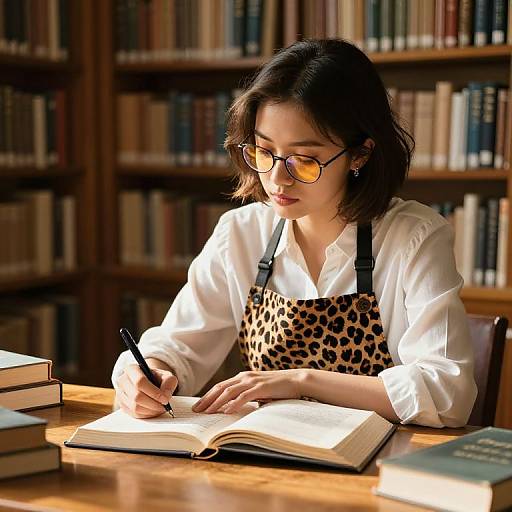 Photograph of an Asian woman with shoulder-length black hair, wearing yellow glasses and a leopard print apron, writing in an open book at a sun