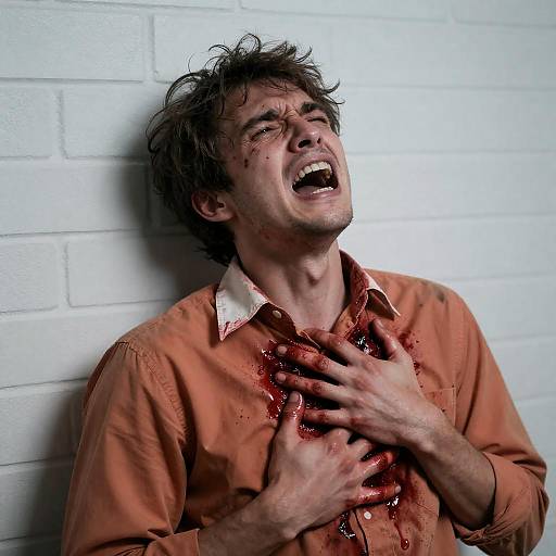 Distressed Man in Blood-Stained Shirt