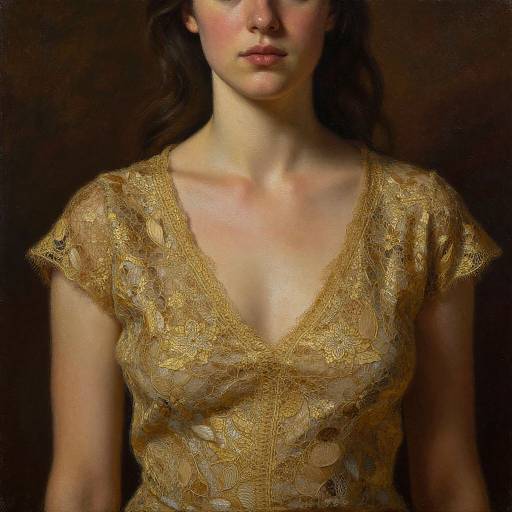 Photograph of a fair-skinned woman with long brown hair, wearing a gold lace V-neck dress, set against a dark brown background.