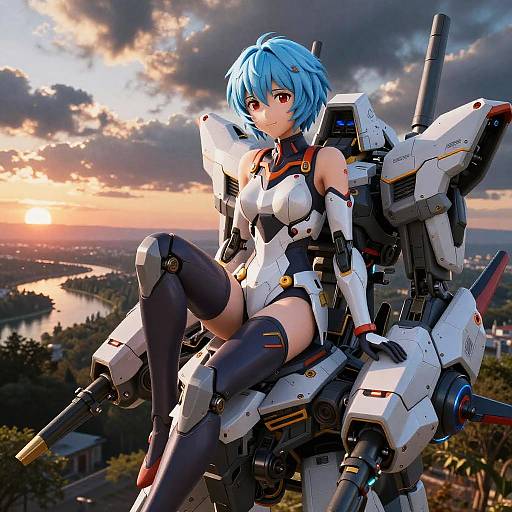Digital anime-style artwork of a blue-haired girl with red eyes in a white and black mecha suit, sitting on a giant robot against a sunset-l