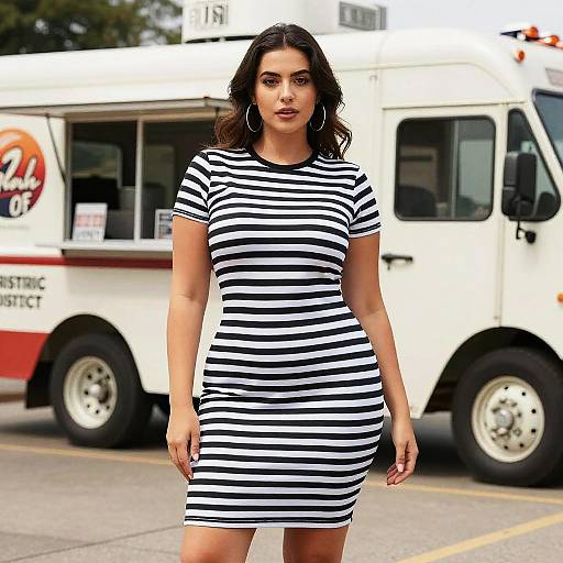 Photograph of a curvy woman with dark hair, wearing a black-and-white striped dress, large hoop earrings, standing in front of a white food