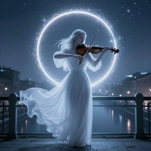 Photograph of a ethereal woman in a flowing white dress playing violin, illuminated by a glowing, circular blue light against a nighttime cityscape.