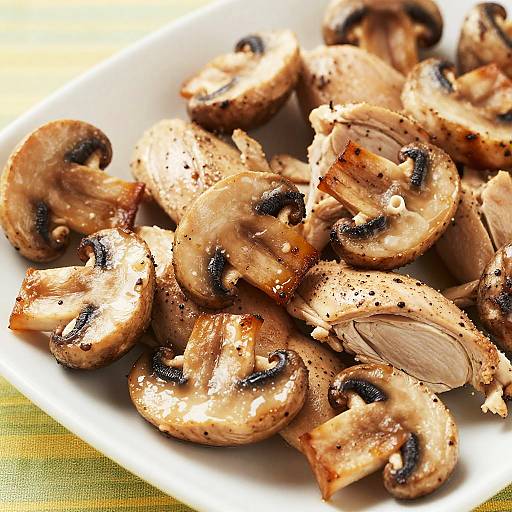 Close-up photo of grilled, seasoned mushroom slices with charred edges, on a white plate, set on a yellow-green cloth.