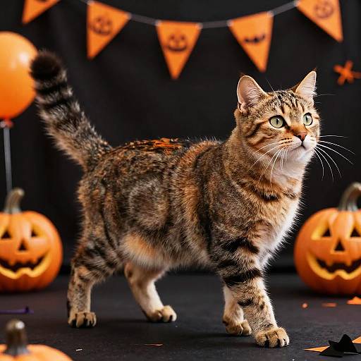 Photograph of a tabby cat with green eyes, standing alert in front of carved pumpkins and orange bunting against a black background.