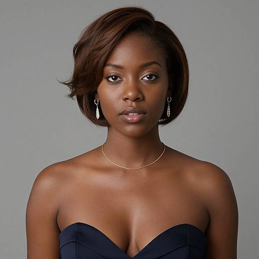 Photograph of a beautiful, dark-skinned woman with short, wavy brown hair, wearing a strapless black dress, gold necklace, and dangling