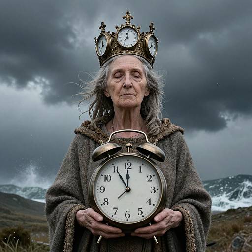 Photograph of elderly woman with gray hair, wearing a crown with clocks and a brown robe, holding a vintage alarm clock, against a stormy mountain