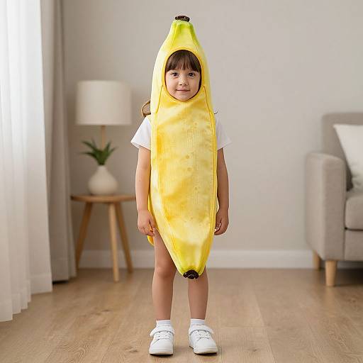 Photograph of a young girl in a yellow banana costume, white socks, and shoes, standing in a bright living room.