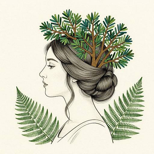 Digital illustration of a woman in profile with a bun, her head adorned with green leafy branches, surrounded by ferns.