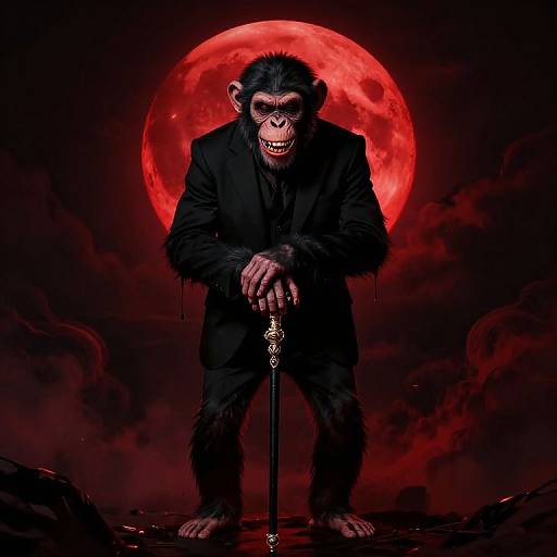 Photograph-style digital artwork: Anthropomorphic monkey in black suit, holding ornate cane, standing before large red moon, dark red clouds, sinister expression