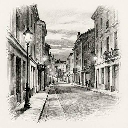 Black-and-white sketch of a quiet, narrow, cobblestone street in a European town, with tall buildings, street lamps, and a few distant
