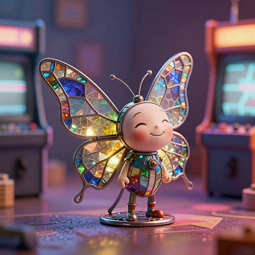 Stained-Glass Automaton Butterfly in Neon Arcade
