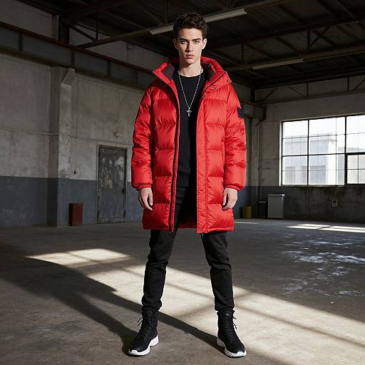 Photograph of a young man with short dark hair, wearing a bright red puffer jacket, black shirt, black pants, and black sneakers, standing