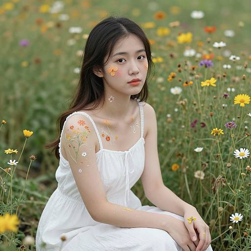 Young Asian woman with long black hair, wearing a white dress, sits in a vibrant field of colorful wildflowers. Photographic image.