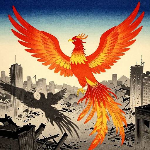 Digital illustration of a massive, vivid red and orange phoenix soaring over a destroyed cityscape, casting a dark silhouette below.