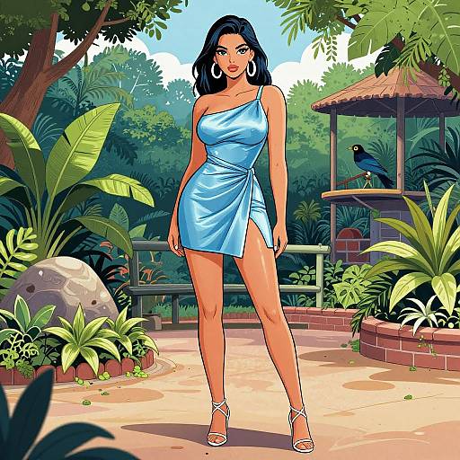 Digital illustration of a curvy woman with long black hair, wearing a blue, one-shoulder, wrap dress and white sandals, standing in a