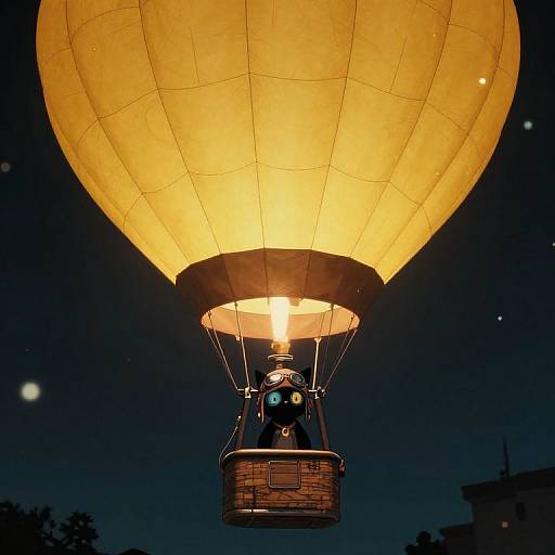 Photograph of a glowing yellow hot air balloon at night, with a person in a wicker basket below, illuminated by the balloon's light, against