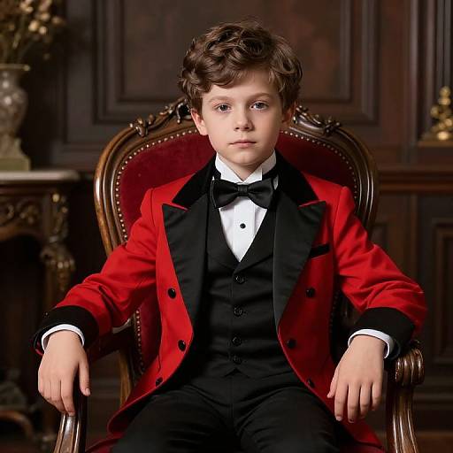 Photograph of a young boy with curly brown hair, wearing a red velvet tuxedo jacket, black bow tie, and white shirt, seated in
