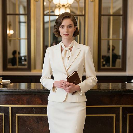 Photograph of a poised, fair-skinned woman with short brown hair, wearing a white suit and holding a brown book, standing in an elegant,