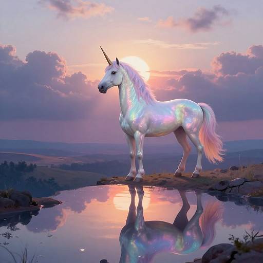 Digital artwork of a radiant white unicorn with a shimmering coat, standing in a reflective pond at sunset, with pink and purple clouds in the background.