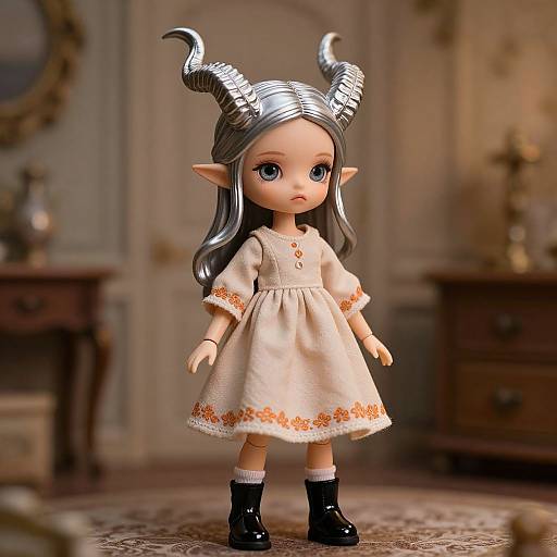 Elegant Silver-Horned Doll in Vintage Room