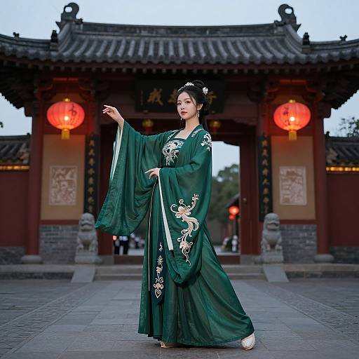 Photograph of an Asian woman in a green, intricately embroidered traditional Chinese dress, gracefully posing in front of a traditional Chinese gate with red lanterns
