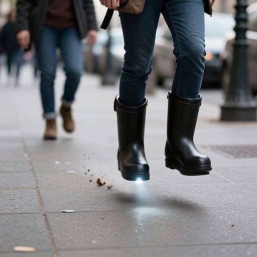 Photograph of a person's lower body in blue jeans and black rain boots, mid-step on a city sidewalk, with blurred background pedestrians.